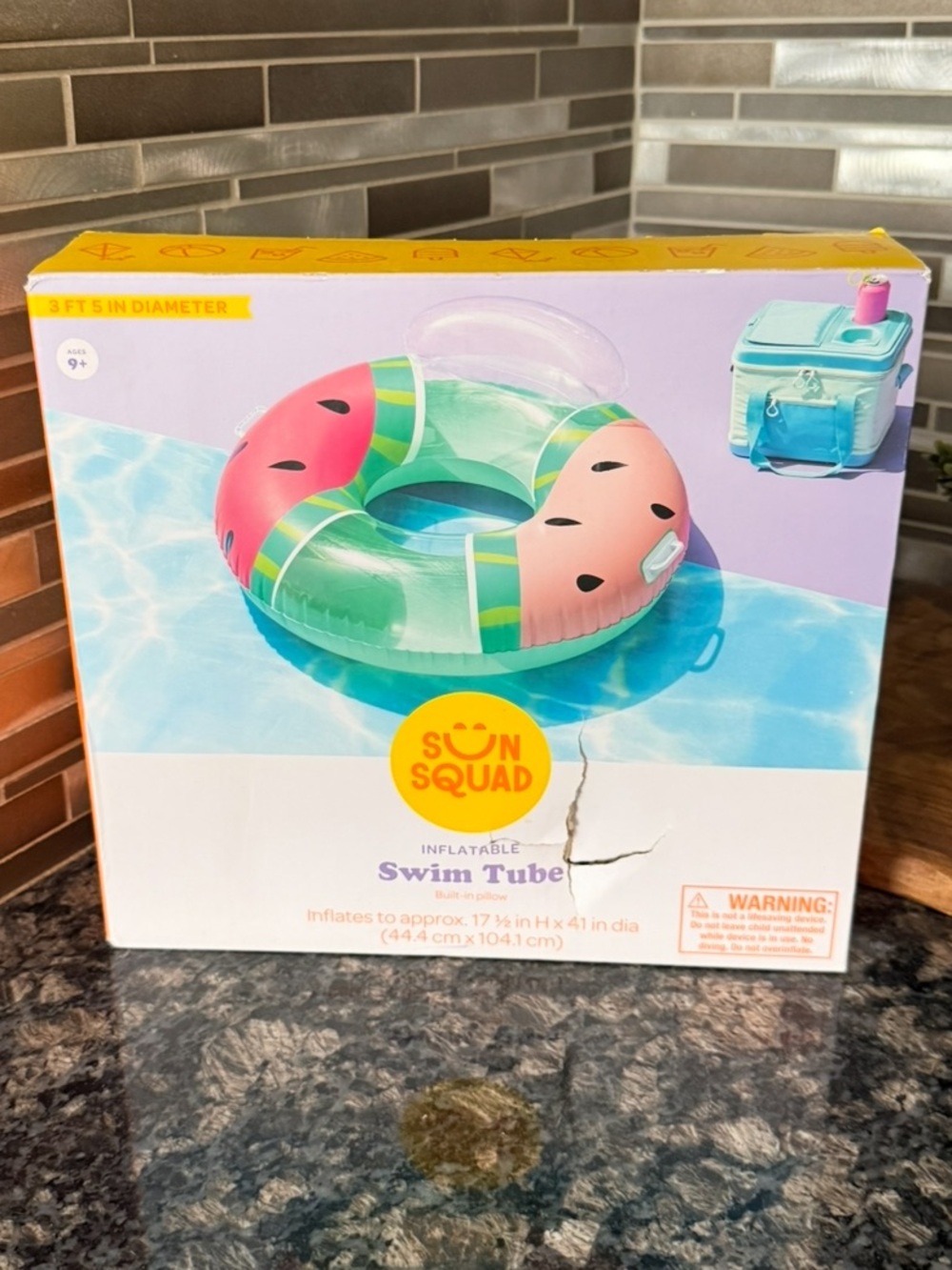 Inflatable Pink & Green
Watermelon Swim Tube w/built-in pillow (3’5” in diameter